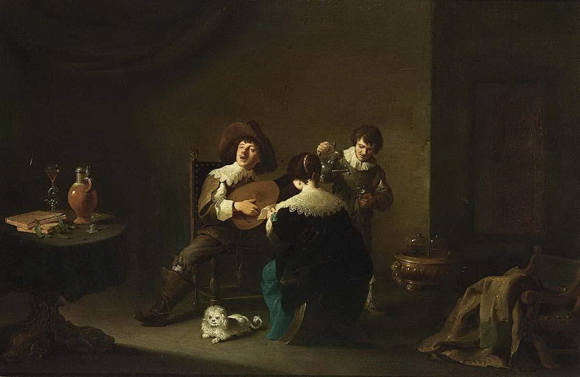 Interno con un gentiluomo che suona il liuto e una dama che canta